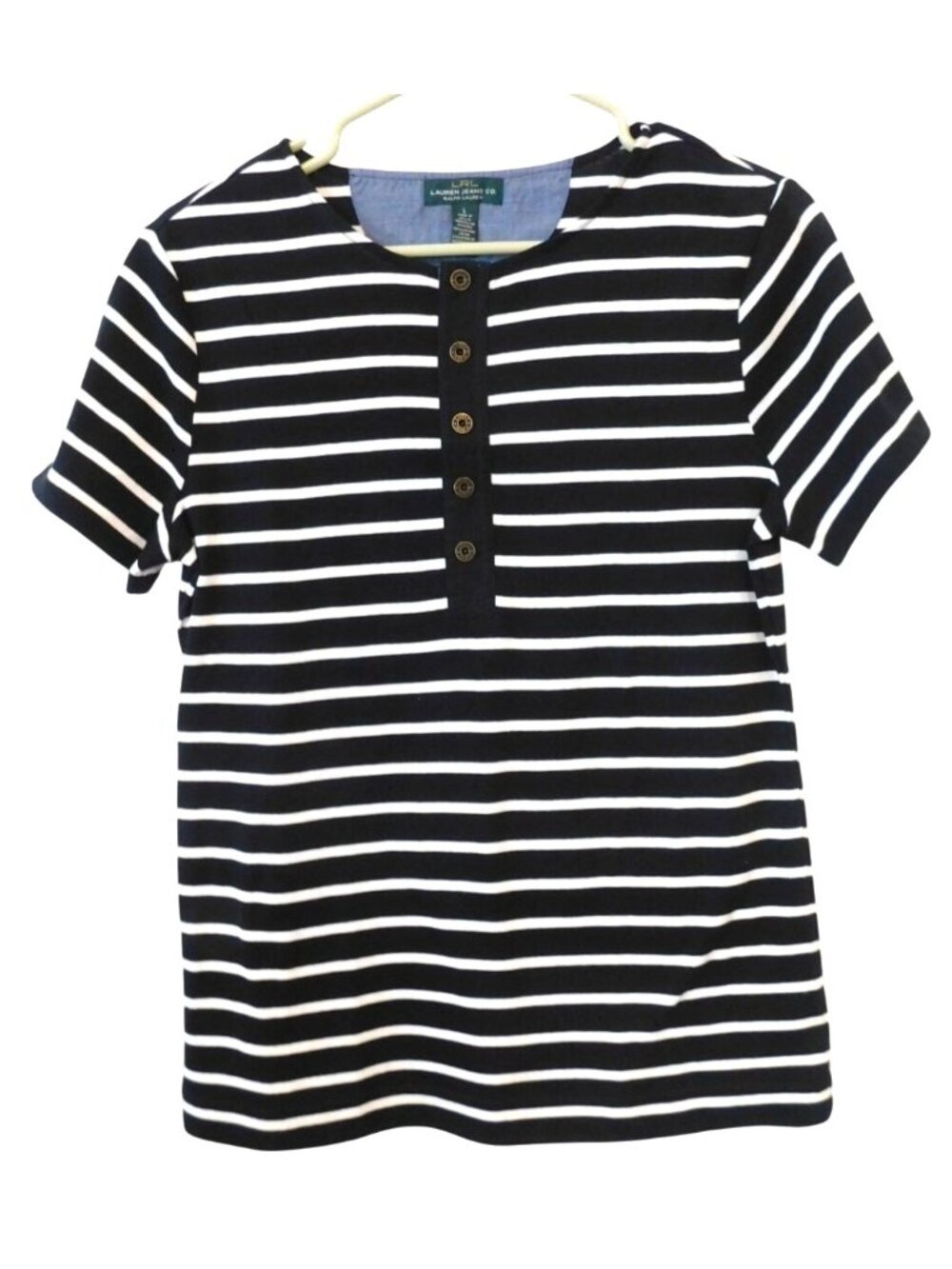 Ralph Lauren Jeans Co Sz L Striped Black White Cotton Short Sleeve Henley Top